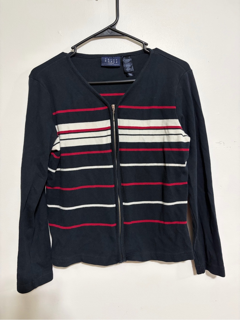 Crazy Horse Navy Zip-Front Striped Women's Cardigan